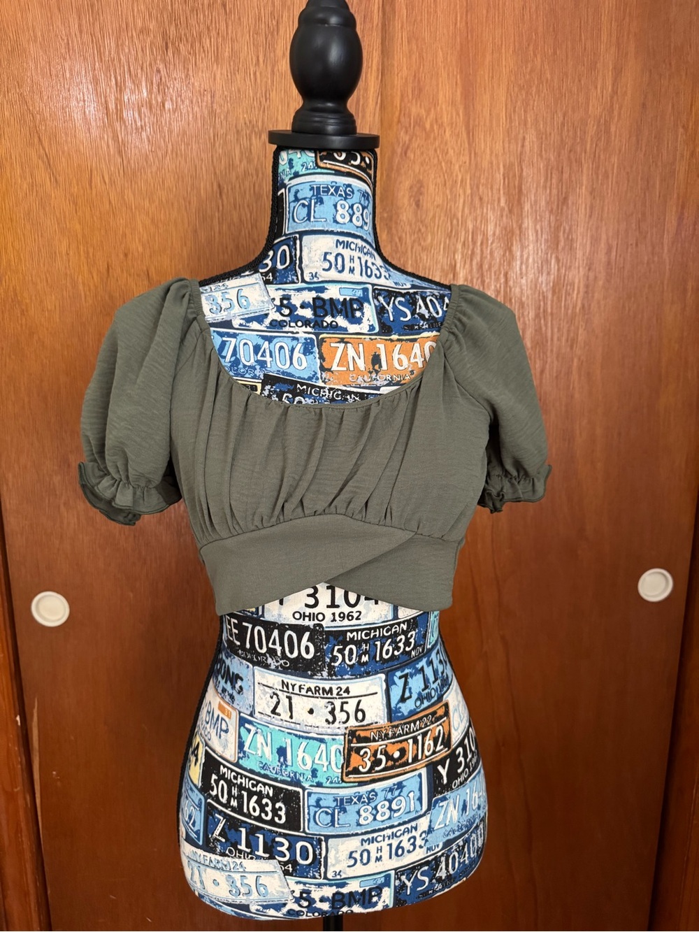 Altar'd State Olive Green Puff-Sleeve Crop Top